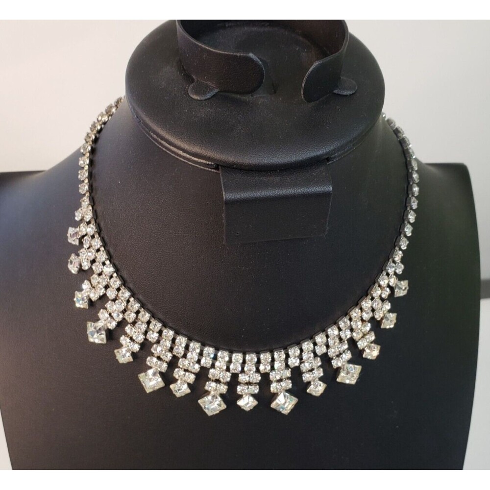 Vintage Clear Rhinestone Dangle Necklace Choker Square Cut Prom Wedding